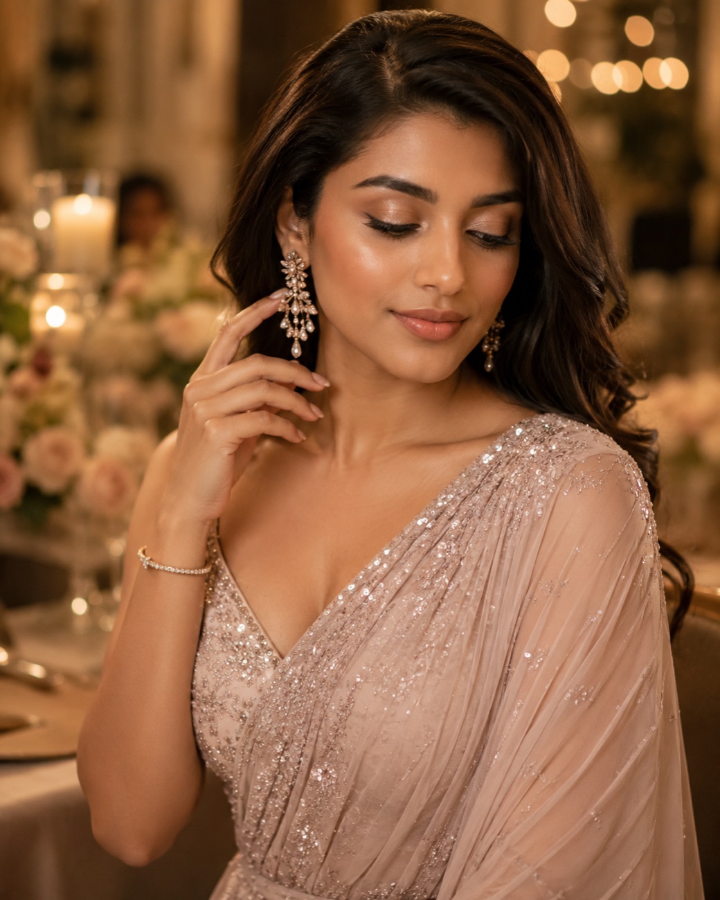 Blush sequin saree — soft glam