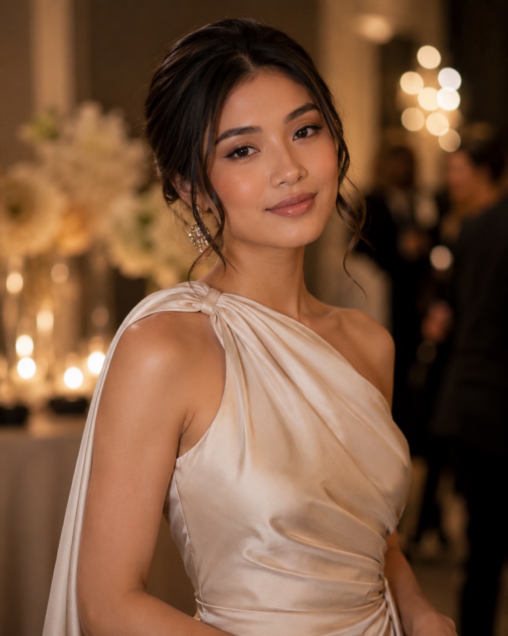 Cream satin one-shoulder gown glam