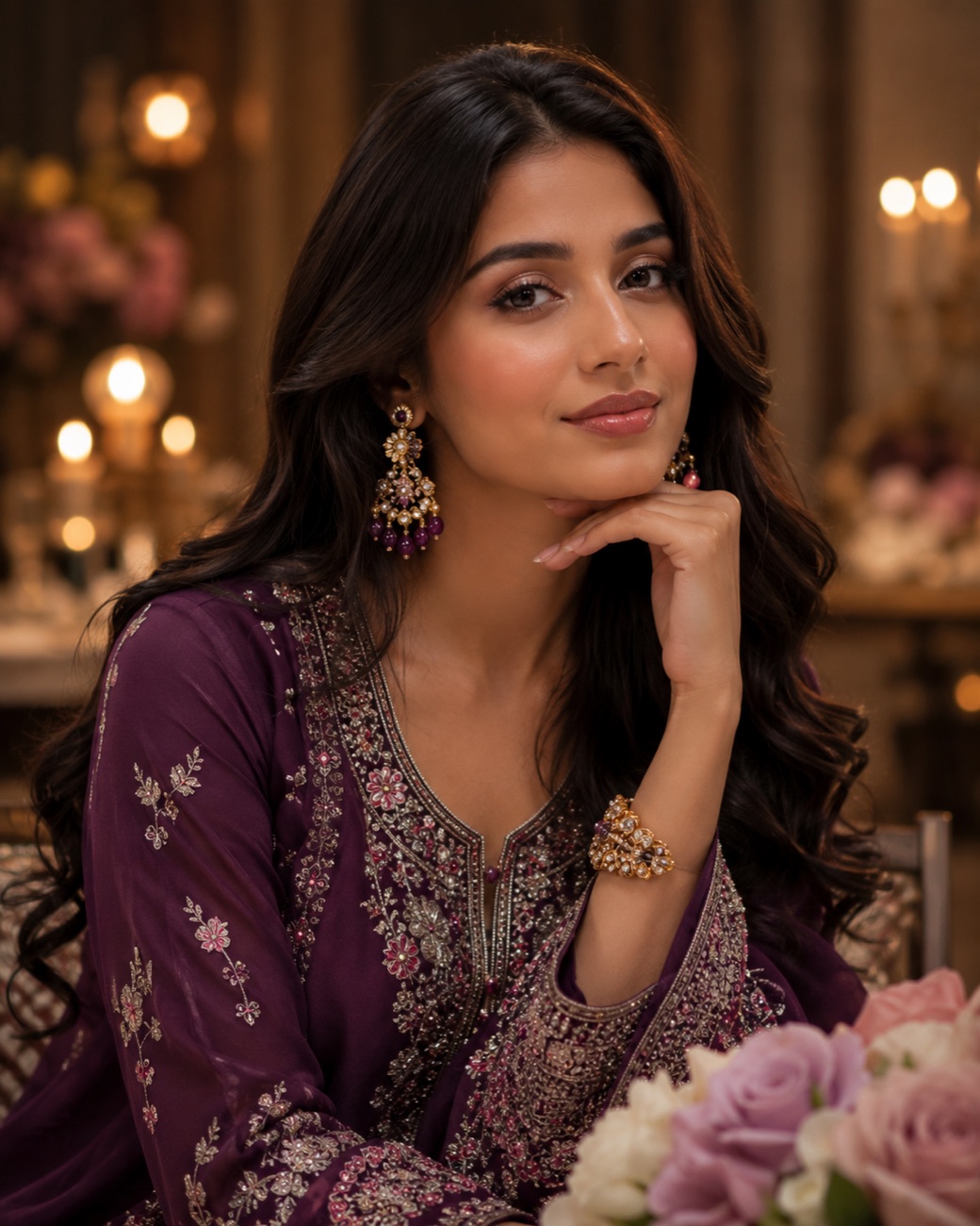 Plum embroidered outfit — soft glam